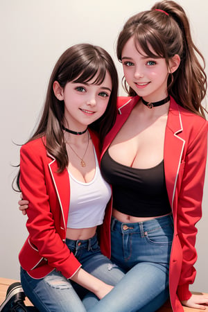 2 girls,photography of a 12yo woman, ((little girl)),masterpiece, large_breasts, daisydukes, cleavage,
photorealistic,analog,realism, A radiant girl beaming with a genuine smile,RED crop top with blazer star choker ,(spreading joy and positivity wherever she go),by agnes cecile,(grabbing breasts from behind),((upright_straddle)),looking at each other,full-body_portrait,
