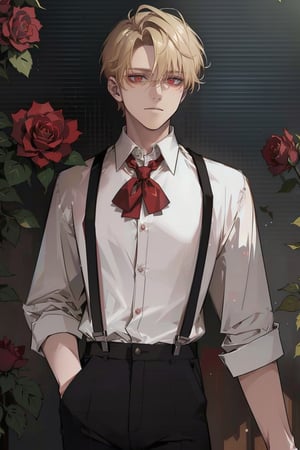 (masterpiece, best quality, highres:1.3), ( young handsome man, blonde hair, short hair, red eyes, glowing eyes, levi ackerman hairstyle,)  solo, looking at viewer, shirt,  white shirt, upper body, flower, male focus, open clothes, collared shirt, pants, open shirt, rose, suspenders, plant, red flower, red rose