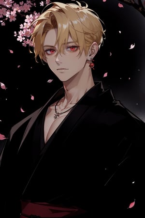 (masterpiece, best quality, highres:1.3), ( young handsome man, blonde hair, short hair, red eyes, glowing eyes, levi ackerman hairstyle,)  solo,  jewelry, male focus, earrings, japanese clothes, kimono, necklace, bracelet, petals, cherry blossoms, haori,  collarbone, black and red kimono