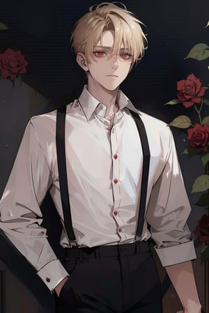 (masterpiece, best quality, highres:1.3), ( young handsome man, blonde hair, short hair, red eyes, glowing eyes, levi ackerman hairstyle,)  solo, looking at viewer, shirt,  white shirt, upper body, flower, male focus, open clothes, collared shirt, pants, open shirt, rose, suspenders, plant, red flower, red rose