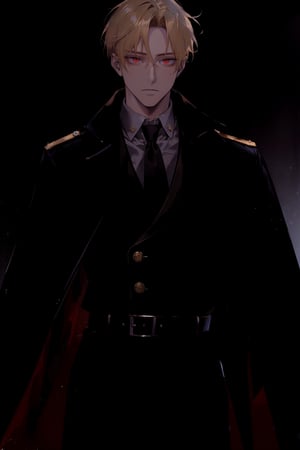 (masterpiece, best quality, highres:1.3), ( young handsome man, blonde hair, short hair, red eyes, glowing eyes, levi ackerman hairstyle,)  gloves, long sleeves, closed mouth, upper body, male focus, necktie, black gloves, belt, blurry, uniform, coat, military, military uniform, buttons, blurry background, black coat, military 