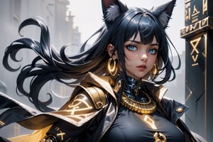 masterpiece, ultra hd, 8k,hdr, dynamic , blue eyes , hyper realistic, detailed background, finely detailed_body, big_boobs ,1girl, very long hairstyle, (dark blue hair color:1.2), (bright eyes:1.1), | egyptian, egyptian clothes , egypt godess ,egypt , hecate , fox_ears , seethru , Animal ear, perfecteyes , ,Detailedface,Detailedeyes,mechanical_arms,cybernetic_enhancements,GlowingRunes_yellow,ActionFigureQuiron style,cloak,