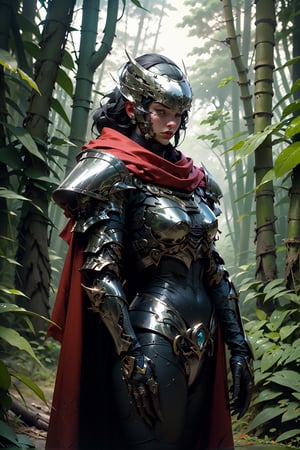 highres,, (pov from front),Ultra HD, ultra detailed, cinematic, a giant  medivel Knight girl in a  Forest, silver medival armour, Knight helmet, brave woriar,barw hands,daytime, background is a whismical Forest sense, magical, red cape 
