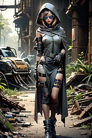 highres,, front , front side,(pov_from_front),Ultra HD, ultra detailed, cinematic, a beautiful  , a 1.Post-Apocalyptic Scavenger girl,    ,(in a lush jungle a concrete Bunker in background )),  ,    wearing a  patchwork of salvaged clothing, layered for maximum protection.  Imagine a mix of leather scraps, scavenged fabric, and repurposed armor plates held together with straps and buckles.     )),sunglasses,  and A large, hooded cloak made from scavenged fabric ,  ,((highly detaild perfect face )), , strong colours,    , Beautiful background ,  ., high details ,  ((front)), facing the viewer,  the background is a  lighting scene of the Forest with a concrete Bunker,  , sparkling light,  ,  