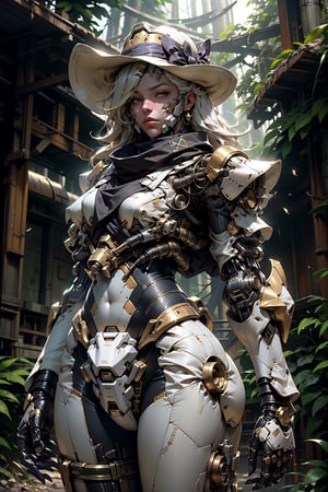 highres, Ultra HD, ultra detailed, cinematic poster, (    A futeristic Bounty Hunter ), Beautifu blonde  women  ,(( wearing.      a  heavy white and gold mecha armour futeristic armored suit  .(exosuit ), she has a worn bandana that covers the lower face.)), ((wearing a cowboy hat)),, in a forest  ,  exosuit,,  ,bulky shoulders,   , ( giant ),   musculer,   ( vibrent    ),     stand, front,pose, the background is a     scene ofa rainforest  lush trees, lush plants, bushes,  ,  