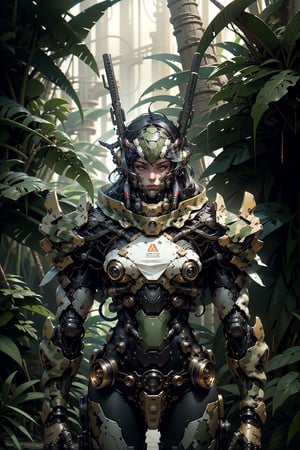 highres, Ultra HD, ultra detailed, cinematic poster,  ,((colourful jungle background )),  ,  a 1 mecha battle bot from the future in a ancient temple,   battle bot,((highly detaild perfect face )), ((camoflaged millitary mecha armour )) ,(1 bot ),perfect   ,  ,, strong colours,    , Beautiful background ,  ., high details ,  ((front)), facing the viewer,  the background is a  lighting scene of the ancient  city, gleaming, sparkling light,aincent temple , gleaming, sparkling light,wrenchs,steampunk mechs, 