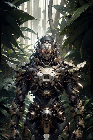 highres, Ultra HD, ultra detailed, cinematic poster,  ,((colourful jungle background )),  ,  a 1 mecha battle bot from the future in a ancient temple,   battle bot,((highly detaild perfect face )), ((camoflaged millitary mecha armour )) ,(1 bot ),perfect   ,  ,, strong colours,    , Beautiful background ,  ., high details ,  ((front)), facing the viewer,  the background is a  lighting scene of the ancient  city, gleaming, sparkling light,aincent temple , gleaming, sparkling light,wrenchs,steampunk mechs, 