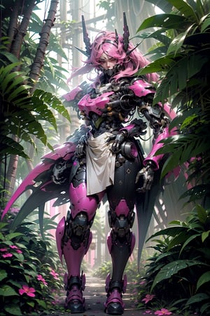 highres, Ultra HD, ultra detailed,(pov_from_below ),cinematic poster,  ,((colourful jungle background )),  female ,  a 1heavy   mecha battle bot from the future in a ancient jungle temple,   battle bot,((highly detaild perfect face )), ((black and pink heavy mecha armour )) ,(1 bot ),perfect   , (giant ), ,,     ((front)), facing the viewer,  the background is a    scene of the ancient  rainforest ,aincent temple , lush trees, wild flowers , sparkling light, 