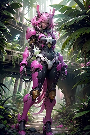 highres, Ultra HD, ultra detailed,(pov_from_below ),cinematic poster,  ,((colourful jungle background )),  female ,  a  cyborg in a jungle temple,       ,((highly detaild perfect face )), ((black and pink  mecha armour )) ,,perfect   , (giant ),   ((front)), facing the viewer,  the background is a    scene of the ancient  rainforest ,aincent temple , lush trees, wild flowers , sparkling light, 