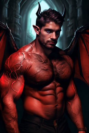 solo, looking at viewer, short hair, red-tipped black ombre hair, 1boy, upper body, male focus, wings, horns, pointy ears, demonic skin, muscular, facial hair, pectorals, muscular male, demon horns, bara, demon wings, beard, black wings, mature male, realistic, demon, chest hair,dom_suyo,handsome male,fantasy,DonMD3m0nV31ns
