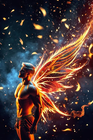 (photorealistic, masterpiece:1.5), best quality, beautiful lighting, realistic, real image, intricate details, depth of field, full body shot,1man, male focus, solo, extremely handsome, muscular, bara, male underwear, underwear bulge, muscular man, (male fairy), (bright red flaming fairy wings), abs, nipples, pectorals, (big beautiful burning red fairy wings), flexing, topless male, navel, short firey  colored hair, large pectorals, male, biceps, fiery garden, embers everywhere, exterior, stomach, anatomically correct, realistic fire, flaming hot body, beautiful ethereal lighting, photorealistic (medium), 8k uhd, film grain, ((bokeh)), Cinematic Shot,DonMF41ryW1ng5XL,Mxl,glitter,Movie Still,fire element,DonM3l3m3nt4lXL,LegendDarkFantasy,Flat vector art, cinematic moviemaker style