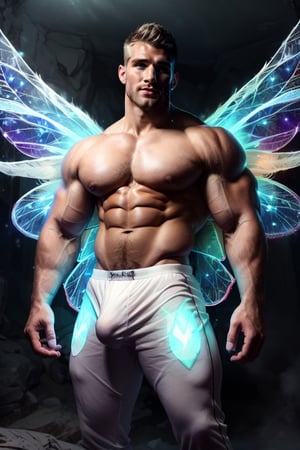 Professional film, ultrarealistic, (HDR, RAW, DSLR:1), cinematic sparkling underground diamond mine, intricate details, an (extrememly handsome, Male fairy:1.5), (glowing white fairy wings:1.5), stunningly detailed muscular physique, (flexing:1), perfect detailed eyes, cocky smile, handsome facial features, short white hair, white aura energry, male underewear bulge, (sexy confident pose:1.5), dynamic lighting, anatomically correct, atmospheric, high contrast, sharp focus, color graded, 8k resolution, Hi-def, DonMF41ryW1ng5,bulge,Pectoral Focus