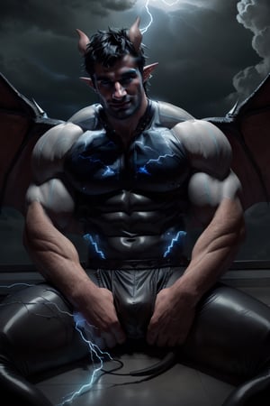 Professional photography, 8k resolution, ultrarealistic, (HDR, RAW, DSLR:1), an (extremely handsome, gay Male storm demon:1.5), (big black demon wings:1.5), muscular_body, realistic blue skin texture, ear piercing, stubble, intricately detailed, (sitting, waiting for you on the rooftop of a skyscraper:1), cinematic severe thunderstorm, (bolts of elecetricity shocks his sexy muscular body:1.5), demon horns, glowing electric eyes, (cocky devilish smile), (homoeroticism), handsome masculine facial features, short dark-blue hair, the severe storm has him wanting to play with you, white bolts of lightning surrounds the scene, (leather underewear, crotch_bulge), dyanamic lighting, (anatomically correct), volumetric atmosphere, high contrast, sharp focus, electricity, lighting trails, DonMF41ryW1ng5,dom_suyo,Portrait