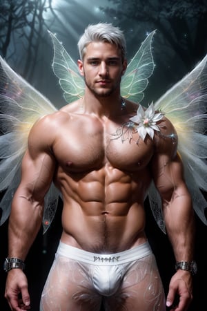Professional photography, ultrarealistic, (HDR, RAW, DSLR:1), cinematic fairy city street, intricate details, an (extrememly handsome, Male fairy:1.5), (glowing white fairy wings:1.5), stunningly detailed muscular physique, (flexing:1), perfect detailed eyes, cocky smile, handsome facial features, short white hair, glowing white energry, male underewear bulge, (sexy confident pose:1.5), dynamic lighting, anatomically correct, atmospheric, high contrast, sharp focus, color graded, 8k resolution, Hi-def, DonMF41ryW1ng5,bulge,Pectoral Focus,handsome men,hairy,handsome male,Portrait