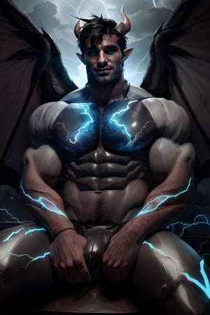 Professional photography, 8k resolution, ultrarealistic, (HDR, RAW, DSLR:1), an (extremely handsome, gay Male storm demon:1.5), (big black demon wings:1.5), muscular_body, realistic blue skin texture, ear piercing, stubble, intricately detailed, (sitting, waiting for you on the rooftop of a skyscraper:1), cinematic severe thunderstorm, (bolts of elecetricity shocks his sexy muscular body:1.5), demon horns, glowing electric eyes, (cocky devilish smile), (homoeroticism), handsome masculine facial features, short dark-blue hair, the severe storm has him wanting to play with you, white bolts of lightning surrounds the scene, (leather underewear, crotch_bulge), dyanamic lighting, (anatomically correct), volumetric atmosphere, high contrast, sharp focus, electricity, lighting trails, DonMF41ryW1ng5,dom_suyo,Portrait