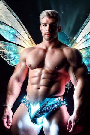 Professional film, ultrarealistic, (HDR, RAW, DSLR:1), cinematic sparkling underground diamond mine, intricate details, an (extrememly handsome, Male fairy:1.5), (glowing white fairy wings:1.5), stunningly detailed muscular physique, (flexing:1), perfect detailed eyes, cocky smirk, handsome facial features, short white hair, white aura energry, (sexy confident pose:1.5), dynamic lighting, anatomically correct, atmospheric, high contrast, sharp focus, color graded, 8k resolution, Hi-def, Focus,Portrait,DonMF41ryW1ng5,bulge,Pectoral Focus
