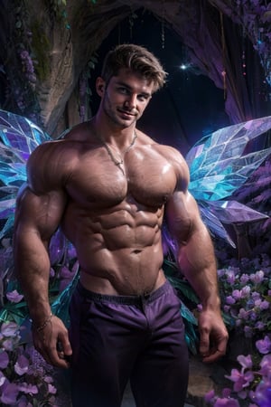Professional cinematic film, 8k resolution, hi-definition, ultrarealistic, (HDR, RAW, DSLR:1), beautiful magical underground crystal cavern, intricate details, male focus, handsome, (Male fairy:1), (hyperdetailed violet fairy wings:1), detailed muscular physique, confident pose, perfect lilac eyes, highly intricate facial features, short lavender hair, sharp focus, dynamic lighting, anatomically correct, atmospheric, DonMF41ryW1ng5,handsome male,Portrait