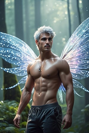(photorealistic, masterpiece:1.5), best quality, beautiful lighting, realistic, real image, intricate details, depth of field, full body shot,1man, male focus, solo, extremely handsome, muscular, bara, (male underwear, underwear bulge:1), muscular man, (male fairy:1.5), (beautiful white wispy fairy wings:1), abs, nipples, pectorals, (big beautiful wispy white colored fairy wings:1), flexing, topless male, navel, short white hair, large pectorals, male, biceps, foggy atmospheric forest, crisp clear morning, sparkling dew drops everywhere, exterior, stomach, anatomically correct, realistic fog, hot body, beautiful epic dyanmic lighting, photorealistic (medium), 8k uhd, film grain, ((bokeh)), cinematic moviemaker style,Mxl,DonMV01dfm4g1c3XL ,coocolor,Handsome boy,Movie Still