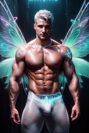 Professional photography, ultrarealistic, (HDR, RAW, DSLR:1), cinematic sparkling underground fairy city, intricate details, an (extrememly handsome, Male fairy:1.5), (glowing neon white fairy wings:1.5), stunningly detailed muscular physique, (flexing:1), perfect detailed eyes, cocky smile, handsome facial features, short white hair, white aura energry, male underewear bulge, (sexy confident pose:1.5), dynamic lighting, anatomically correct, atmospheric, high contrast, sharp focus, color graded, 8k resolution, Hi-def, DonMF41ryW1ng5,bulge,Pectoral Focus,handsome men,hairy,handsome male