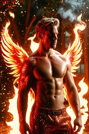 (photorealistic, masterpiece:1.5), best quality, beautiful lighting, realistic, real image, intricate details, depth of field, full body shot,1man, male focus, solo, extremely handsome, muscular, bara, male underwear, underwear bulge, muscular man, (male fairy), (bright red flaming fairy wings), abs, nipples, pectorals, (big beautiful burning red fairy wings), flexing, topless male, navel, short firey  colored hair, large pectorals, male, biceps, fiery garden, embers everywhere, exterior, stomach, anatomically correct, realistic fire, flaming hot body, beautiful ethereal lighting, photorealistic (medium), 8k uhd, film grain, ((bokeh)), Cinematic Shot,DonMF41ryW1ng5XL,Mxl,glitter,Movie Still,fire element