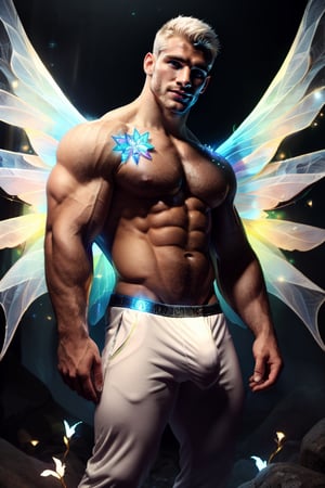 Professional film, ultrarealistic, (HDR, RAW, DSLR:1), cinematic sparkling underground diamond mine, intricate details, an (extrememly handsome, Male fairy:1.5), (glowing white fairy wings:1.5), stunningly detailed muscular physique, (flexing:1), perfect detailed eyes, cocky smile, handsome facial features, short white hair, white aura energry, male underewear bulge, (sexy confident pose:1.5), dynamic lighting, anatomically correct, atmospheric, high contrast, sharp focus, color graded, 8k resolution, Hi-def, DonMF41ryW1ng5,bulge,Pectoral Focus