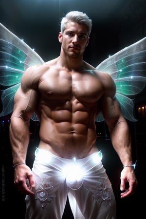 Professional photography, ultrarealistic, (HDR, RAW, DSLR:1), cinematic fairy city street, intricate details, an (extrememly handsome, Male fairy:1.5), (glowing white fairy wings:1.5), stunningly detailed muscular physique, (flexing confidently:1.5), perfect detailed eyes, cocky smile, handsome facial features, short white hair, glowing white energry, male underewear bulge, dynamic lighting, anatomically correct, atmospheric, high contrast, sharp focus, color graded, 8k resolution, Hi-def, DonMF41ryW1ng5,bulge,