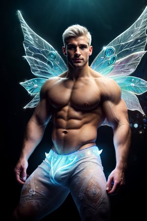 Professional film, ultrarealistic, (HDR, RAW, DSLR:1), cinematic sparkling underground diamond mine, intricate details, an (extrememly handsome, Male fairy:1.5), (glowing white fairy wings:1.5), stunningly detailed muscular physique, perfect detailed eyes, handsome facial features, short white hair, white aura energry, (sexy pose:1.5), dynamic lighting, anatomically correct, atmospheric, high contrast, sharp focus, color graded, 8k resolution, Hi-def, Focus,Portrait,DonMF41ryW1ng5,bulge