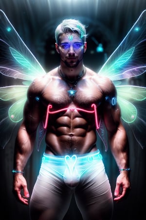 Professional photography, ultrarealistic, (HDR, RAW, DSLR:1), cinematic sparkling underground fairy city, intricate details, an (extrememly handsome, Male fairy:1.5), (glowing neon white fairy wings:1.5), stunningly detailed muscular physique, (flexing:1), perfect detailed eyes, cocky smile, handsome facial features, short white hair, white aura energry, male underewear bulge, (sexy confident pose:1.5), dynamic lighting, anatomically correct, atmospheric, high contrast, sharp focus, color graded, 8k resolution, Hi-def, DonMF41ryW1ng5,bulge,Pectoral Focus,handsome men,hairy,handsome male,Portrait