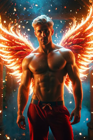(photorealistic, masterpiece:1.5), best quality, beautiful lighting, realistic, real image, intricate details, depth of field, full body shot,1man, male focus, solo, extremely handsome, muscular, bara, male underwear, underwear bulge, muscular man, (male fairy), (bright red flaming fairy wings), abs, nipples, pectorals, (big beautiful burning red fairy wings), flexing, topless male, navel, short firey  colored hair, large pectorals, male, biceps, fiery garden, embers everywhere, exterior, stomach, anatomically correct, realistic fire, flaming hot body, beautiful ethereal lighting, photorealistic (medium), 8k uhd, film grain, ((bokeh)), Cinematic Shot,DonMF41ryW1ng5XL,Mxl,glitter,Movie Still,fire element