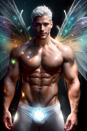 Professional photography, ultrarealistic, (HDR, RAW, DSLR:1), cinematic sparkling underground fairy city, intricate details, an (extrememly handsome, Male fairy:1.5), (glowing white fairy wings:1.5), stunningly detailed muscular physique, (flexing:1), perfect detailed eyes, cocky smile, handsome facial features, short white hair, glowing white energry, male underewear bulge, (sexy confident pose:1.5), dynamic lighting, anatomically correct, atmospheric, high contrast, sharp focus, color graded, 8k resolution, Hi-def, DonMF41ryW1ng5,bulge,Pectoral Focus,handsome men,hairy,handsome male,Portrait