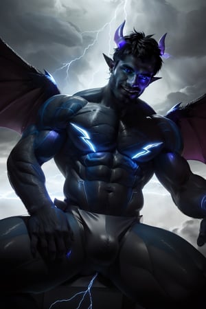 Professional photography, 8k resolution, ultrarealistic, (HDR, RAW, DSLR:1), an (extrememly handsome, gay Male storm demon:1.5), (big black demon wings:1.5), muscular, coloured skin, realistic blue skin texture, ear piercing, stubble, intricately detailed, (sitting, waiting for you on the rooftop of a skyscraper:1), cinematic severe thunderstorm, (blue bolts of elecetricity dancing all over his sexy muscular body:1.5), demon horns, glowing electric blue eyes, (cocky devilish smile, homoeroticism), handsome masculine facial features, short dark-blue hair, the severe storm has him wanting to play with you, white bolts of lightning surrounds the scene, (leather underewear , crotch_bulge), dyanamic lighting, (anatomically correct), volumetric atmosphere, high contrast, sharp focus, electricity, lighting, color graded, Hi-def, DonMF41ryW1ng5,dom_suyo,Portrait