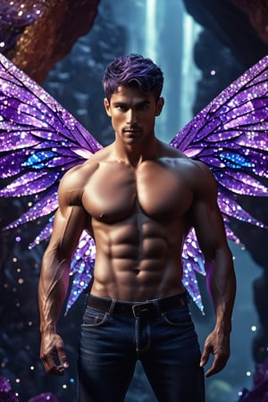 (photorealistic, masterpiece:1.5), best quality, beautiful lighting, realistic, real image, intricate details, depth of field, full body shot,1man, male focus, solo, extremely handsome, muscular, bara, male underwear, underwear bulge, muscular man, (male fairy), (bright violet crystallized fairy wings), abs, nipples, pectorals, (big beautiful violet colored fairy wings), flexing, topless male, navel, short dark purple hair, large pectorals, male, biceps, amysthest gemstone cavern, sparkling particles everywhere, exterior, stomach, anatomically correct, realistic crystals, hot body, beautiful epic dyanmic lighting, photorealistic (medium), 8k uhd, film grain, ((bokeh)), Cinematic Shot, DonMF41ryW1ng5XL, Mxl, Movie Still, cinematic moviemaker style,photo r3al,c1bo,Flora