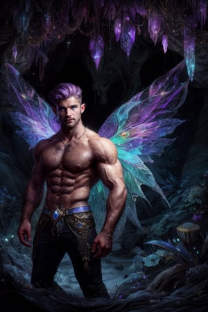 Professional photograpy, ultrarealistic, (HDR, RAW, DSLR), beautiful magical undergground crystal cavern, intricate details, male focus, handsome, masculine and rugged, (Male fairy:1), (stunning violet fairy wings:1), detailed muscular physique, masterpiece, powerful pose, perfect lilac eyes, highly intricate facial features, short pastel purple hair, sharp focus, dynamic lighting, cool tones, anatomically correct, volumetric atmosphere, DonMF41ryW1ng5,handsome male,Portrait