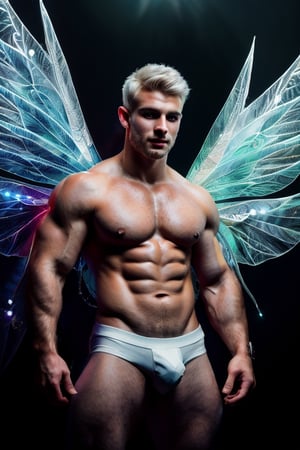 Professional film, ultrarealistic, (HDR, RAW, DSLR:1), cinematic sparkling underground diamond mine, intricate details, an (extrememly handsome, Male fairy:1.5), (glowing white fairy wings:1.5), stunningly detailed muscular physique, perfect detailed eyes, cocky smirk, handsome facial features, short white hair, white aura energry, (sexy confident pose:1.5), dynamic lighting, anatomically correct, atmospheric, high contrast, sharp focus, color graded, 8k resolution, Hi-def, Focus,Portrait,DonMF41ryW1ng5,bulge,Pectoral Focus