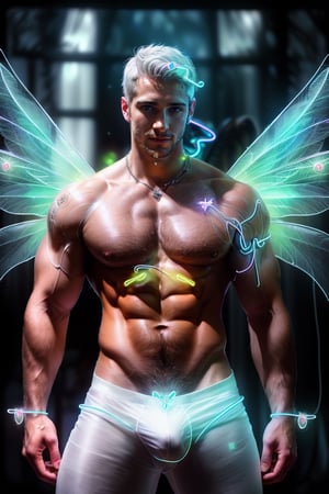 Professional photography, ultrarealistic, (HDR, RAW, DSLR:1), cinematic sparkling underground fairy city, intricate details, an (extrememly handsome, Male fairy:1.5), (glowing neon white fairy wings:1.5), stunningly detailed muscular physique, (flexing:1), perfect detailed eyes, cocky smile, handsome facial features, short white hair, white aura energry, male underewear bulge, (sexy confident pose:1.5), dynamic lighting, anatomically correct, atmospheric, high contrast, sharp focus, color graded, 8k resolution, Hi-def, DonMF41ryW1ng5,bulge,Pectoral Focus,handsome men,hairy,handsome male,Portrait
