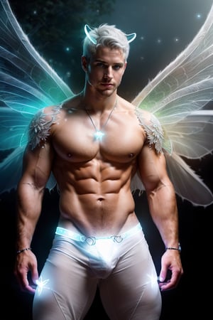 Professional photography, ultrarealistic, (HDR, RAW, DSLR:1), cinematic fairy city street, intricate details, an (extrememly handsome, Male fairy:1.5), (glowing white fairy wings:1.5), highly detailed muscular physique, (posing confidently:1.5), perfect detailed eyes, cocky smile, handsome facial features, short white hair, glowing white energry, male underewear, crotch_bulge, dynamic lighting, anatomically correct, atmospheric, high contrast, sharp focus, color graded, 8k resolution, Hi-def, DonMF41ryW1ng5,bulge,