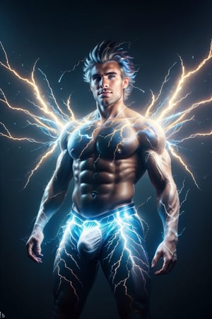 Professional photography, 8k resolution, ultrarealistic, (HDR, RAW, DSLR:1), an (extrememly handsome, gay Male storm demon:1.5), (big domon wings made out of lightning bolts of blue electricity:1.5), intricately detailed, (perched on the edge of a skyscraper:1), cinematic severe thunderstorm, (blue bolts of elecetricity course throughout his sexy muscular body:1.5), demon horns, glowing electric blue eyes, devilish smile, handsome masculine facial features, homoeroticism, short dark-blue hair, holding a ball of lightning, white lightning bolts flow throughout his muscular body, (leather underewear, crotch_bulge), volumetric lighting, anatomically correct, high contrast, sharp focus, electricity, lighting, color graded, Hi-def, DonMF41ryW1ng5,DonMl1ghtning