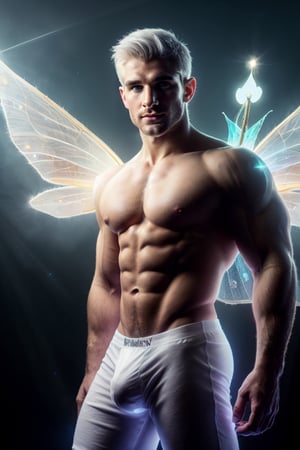 Professional film, ultrarealistic, (HDR, RAW, DSLR:1), cinematic sparkling underground diamond mine, intricate details, an (extrememly handsome, Male fairy:1.5), (glowing white fairy wings:1.5), stunningly detailed muscular physique, perfect detailed eyes, handsome facial features, short white hair, white aura energry, (sexy pose:1.5), dynamic lighting, anatomically correct, atmospheric, high contrast, sharp focus, color graded, 8k resolution, Hi-def, Focus,Portrait,DonMF41ryW1ng5,bulge