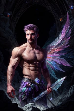 Professional photograpy, ultrarealistic, (HDR, RAW, DSLR), beautiful magical undergground crystal cavern, intricate details, male focus, handsome, masculine and rugged, (Male fairy:1), (stunning violet fairy wings:1), detailed muscular physique, masterpiece, powerful pose, perfect lilac eyes, highly intricate facial features, short pastel purple hair, sharp focus, dynamic lighting, cool tones, anatomically correct, volumetric atmosphere, DonMF41ryW1ng5,handsome male,Portrait