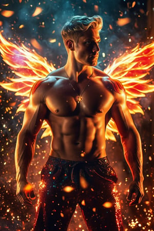 (photorealistic, masterpiece:1.5), best quality, beautiful lighting, realistic, real image, intricate details, depth of field, full body shot,1man, male focus, solo, extremely handsome, muscular, bara, male underwear, underwear bulge, muscular man, (male fairy), (bright red flaming fairy wings), abs, nipples, pectorals, (big beautiful burning red fairy wings), flexing, topless male, navel, short firey  colored hair, large pectorals, male, biceps, fiery garden, embers everywhere, exterior, stomach, anatomically correct, realistic fire, flaming hot body, beautiful epic dyanmic lighting, photorealistic (medium), 8k uhd, film grain, ((bokeh)), Cinematic Shot, DonMF41ryW1ng5XL, Mxl, glitter, Movie Still, fire element, cinematic moviemaker style