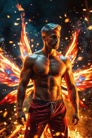 (photorealistic, masterpiece:1.5), best quality, beautiful lighting, realistic, real image, intricate details, depth of field, full body shot,1man, male focus, solo, extremely handsome, muscular, bara, male underwear, underwear bulge, muscular man, (male fairy), (bright red flaming fairy wings), abs, nipples, pectorals, (big beautiful burning red fairy wings), flexing, topless male, navel, short firey  colored hair, large pectorals, male, biceps, fiery garden, embers everywhere, exterior, stomach, anatomically correct, realistic fire, flaming hot body, beautiful epic dyanmic lighting, photorealistic (medium), 8k uhd, film grain, ((bokeh)), Cinematic Shot, DonMF41ryW1ng5XL, Mxl, glitter, Movie Still, fire element, cinematic moviemaker style