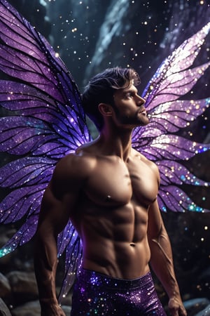 (photorealistic, masterpiece:1.5), best quality, beautiful lighting, realistic, real image, intricate details, depth of field, full body shot,1man, male focus, solo, extremely handsome, muscular, bara, male underwear, underwear bulge, muscular man, (male fairy), (bright violet crystallized fairy wings), abs, nipples, pectorals, (big beautiful crystallized violet colored fairy wings), flexing, topless male, navel, short dark purple hair, large pectorals, male, biceps, crystal gemstone cavern, sparkling everywhere, exterior, stomach, anatomically correct, realistic crystal, hot body, beautiful epic dyanmic lighting, photorealistic (medium), 8k uhd, film grain, ((bokeh)), Cinematic Shot, DonMF41ryW1ng5XL, Mxl, glitter, Movie Still, cinematic moviemaker style,photo r3al,c1bo,Flora