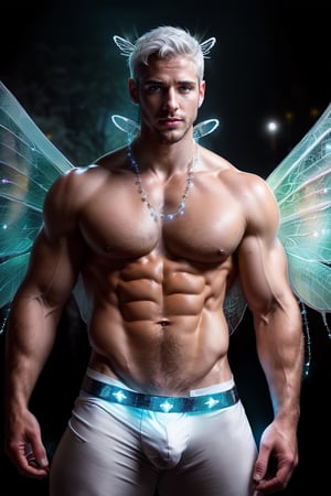 Professional photography, ultrarealistic, (HDR, RAW, DSLR:1), cinematic sparkling underground fairy city, intricate details, an (extrememly handsome, Male fairy:1.5), (glowing white fairy wings:1.5), stunningly detailed muscular physique, (flexing:1), perfect detailed eyes, cocky smile, handsome facial features, short white hair, glowing white energry, male underewear bulge, (sexy confident pose:1.5), dynamic lighting, anatomically correct, atmospheric, high contrast, sharp focus, color graded, 8k resolution, Hi-def, DonMF41ryW1ng5,bulge,Pectoral Focus,handsome men,hairy,handsome male,Portrait