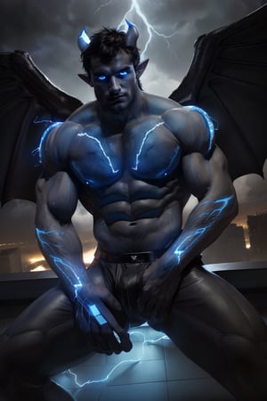 Professional photography, 8k resolution, ultrarealistic, (HDR, RAW, DSLR:1), an (extrememly handsome, gay Male storm demon:1.5), (big black demon wings:1.5), muscular, coloured skin, blue skin, ear piercing, stubble, intricately detailed, (sitting, waiting for you on the rooftop of a skyscraper:1), cinematic severe thunderstorm, (blue bolts of elecetricity dancing all over his sexy muscular body:1.5), demon horns, glowing electric blue eyes, devilish smile, handsome masculine facial features, homoeroticism, short dark-blue hair, holding a ball of electricity wanting to play, white bolts of lightning surrounds the scene, (leather underewear, crotch_bulge), dyanamic lighting, (anatomically correct), volumetric atmosphere, high contrast, sharp focus, electricity, lighting, color graded, Hi-def, DonMF41ryW1ng5,DonMl1ghtning,dom_suyo,(EnergyVeins:1.4),Portrait