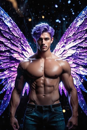 (photorealistic, masterpiece:1.5), best quality, beautiful lighting, realistic, real image, intricate details, depth of field, full body shot,1man, male focus, solo, extremely handsome, muscular, bara, (male underwear, underwear bulge:1), muscular man, (male fairy:1.5), (deep violet crystallized fairy wings:1), abs, nipples, pectorals, (big beautiful crystallized violet colored fairy wings:1), flexing, topless male, navel, short metallic-purple hair, large pectorals, male, biceps, underground cavern filled with amethyst gems, sparkling everywhere, exterior, stomach, anatomically correct, realistic crystal, hot body, beautiful epic dyanmic lighting, photorealistic (medium), 8k uhd, film grain, ((bokeh)), , cinematic moviemaker style,Mxl,DonMV01dfm4g1c3XL ,coocolor,Handsome boy