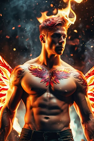 (photorealistic, masterpiece:1.5), best quality, beautiful lighting, realistic, real image, intricate details, depth of field, full body shot,1man, male focus, solo, extremely handsome, muscular, bara, male underwear, underwear bulge, muscular man, (male fairy), (bright red flaming fairy wings), abs, nipples, pectorals, (big beautiful burning red fairy wings), flexing, topless male, navel, short firey  colored hair, large pectorals, male, biceps, fiery garden, embers everywhere, exterior, stomach, anatomically correct, realistic fire, flaming hot body, beautiful ethereal lighting, photorealistic (medium), 8k uhd, film grain, ((bokeh)), Cinematic Shot,DonMF41ryW1ng5XL,Mxl,glitter,Movie Still,fire element,DonM3l3m3nt4lXL,LegendDarkFantasy,Flat vector art, cinematic moviemaker style