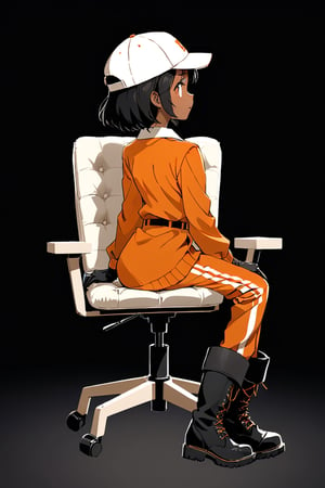 masterpiece, best quality, highres, source_anime, full_body, from behind view shot, volumetric lighting, African woman with flat chest, black hair, colored_skin, orange long sleeve shirt, collared_shirt, worker, wearing black gloves, black boots, orange cap, seated on a armchair, dynamic pose, engaging expression, Detailed clothing folds, transparent_background, (Anime:0.8), (Cartoon:1.5) | Flat Vector Art