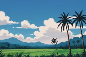 masterpiece, rule of thirds, best quality, highres, source_anime, Ground-level perspective, (African palm oil tree forest | palm oil fruit); cloudy sky; Serene, natural landscape, (Anime style:0.8), (Cartoon:1.4) | Flat Vector Art.
