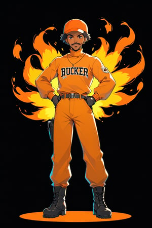 masterpiece, best quality, highres, source_anime, full_body, front view shot, volumetric lighting, African man, colored_skin, orange long sleeve shirt, turtleneck, worker, wearing black gloves, black boots, mustache, orange cap, standing, hands on hips, dynamic pose, smiling, engaging expression, Detailed clothing folds, transparent_background, (Anime:1.4),vector