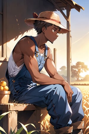 masterpiece, best quality, highres, source_anime, side view shot, African man, colored_skin, overalls, farmer, brown hat, sitting, front view. Character emotive, genuine expression. Detailed clothing folds, dynamic pose. Warm sunlight, soft shadows.(Anime:1.4),vector